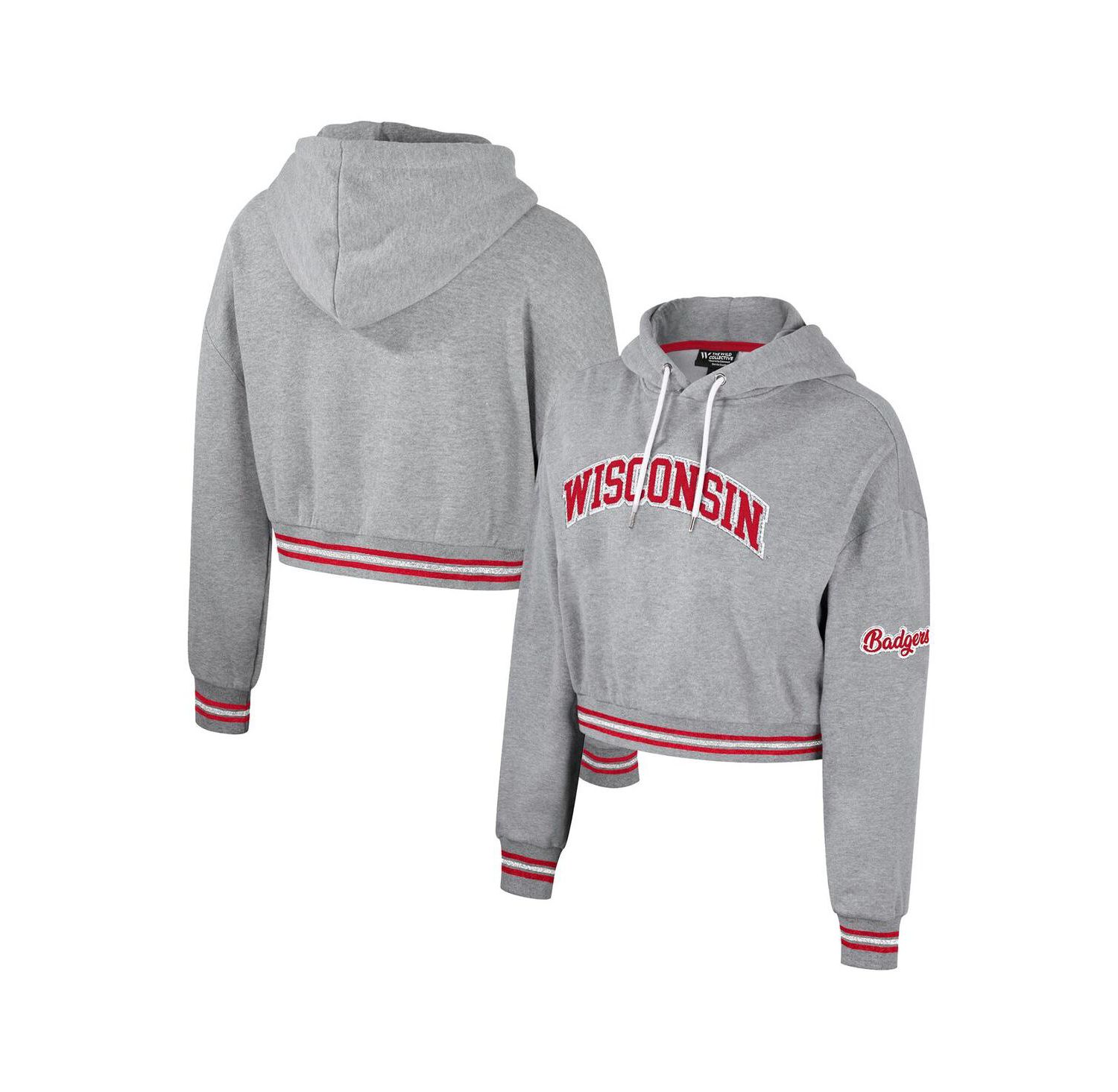 Women's Heather Gray Distressed Wisconsin Badgers Cropped Shimmer Pullover Hoodie