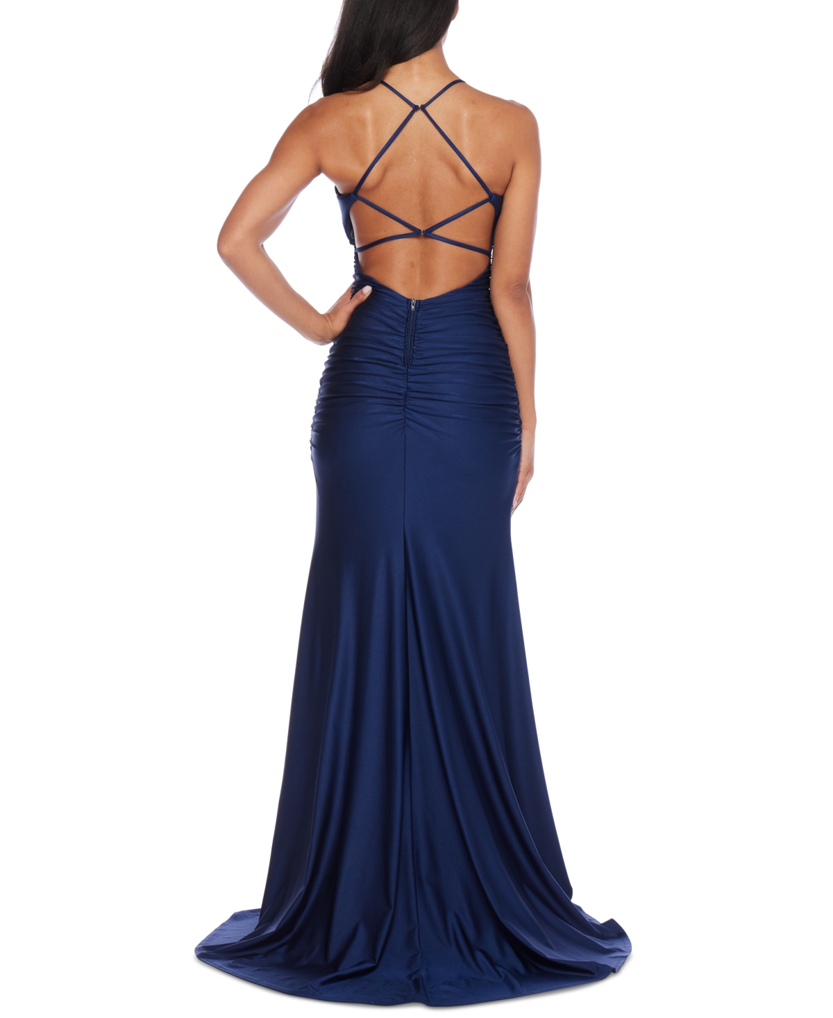 Shop B Darlin Juniors' Square-neck Ruched Strappy Sleeveless Gown In Navy