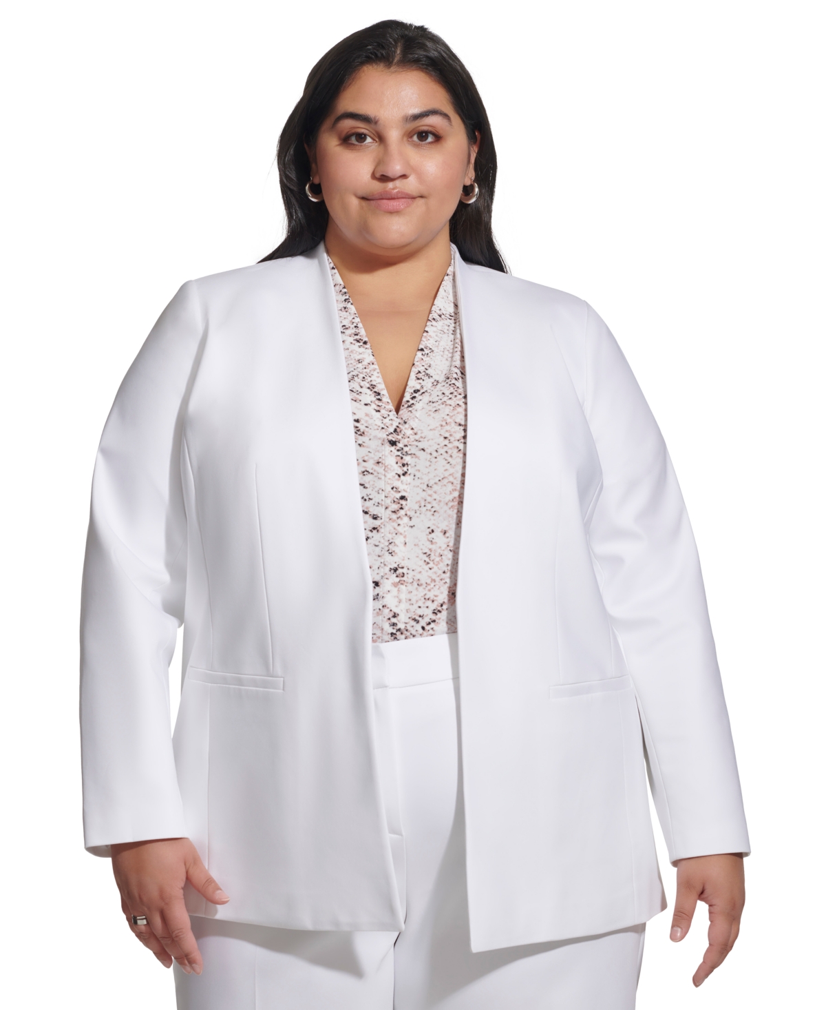 Calvin Klein Plus Size Collarless Open-front Long-sleeve Jacket In White