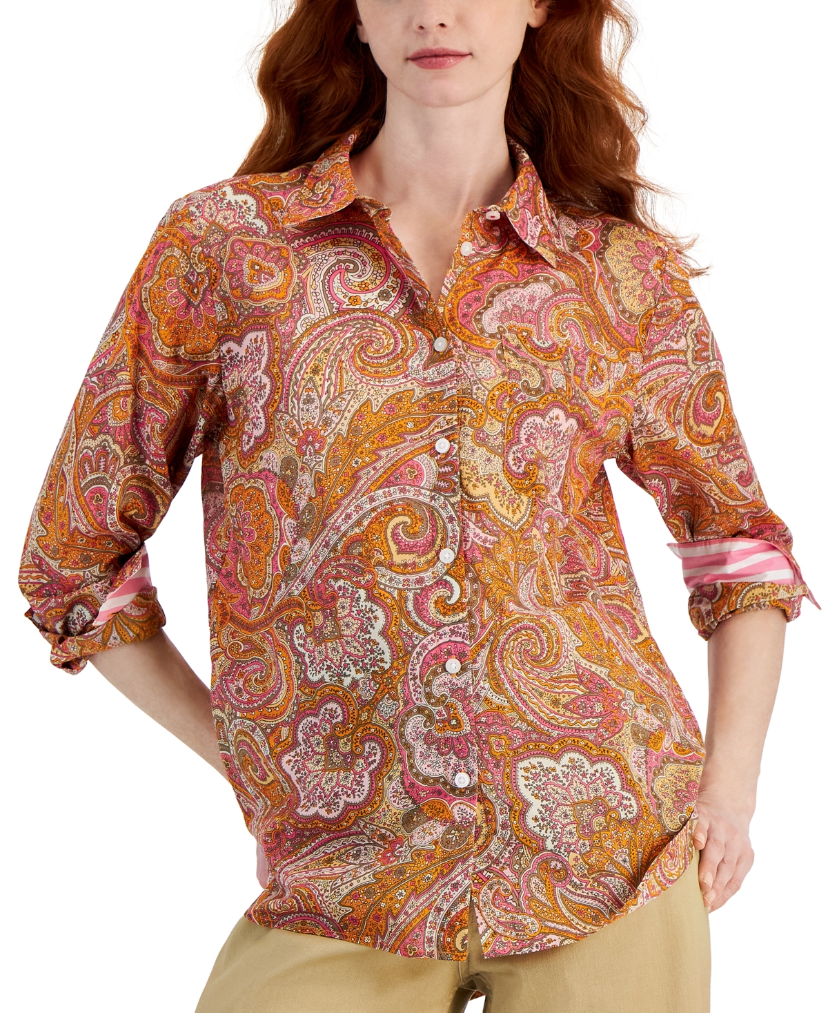 Women's Cotton Paisley-Print Buttoned-Cuff Shirt - Flame Orange Multi