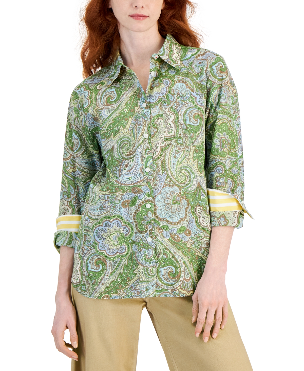 Nautica Jeans Women's Cotton Paisley-print Buttoned-cuff Shirt In Salted Lime Multi