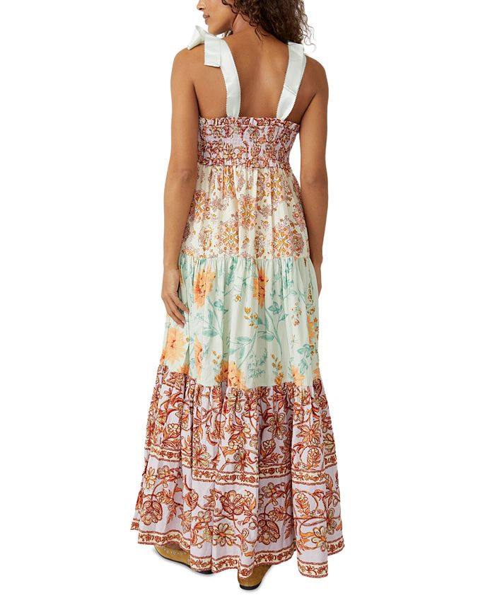 Teal Green Floral Hand Block Print Cotton Maxi Dress – Boho Tiered Indian Artisan Dress with Puff Sleeves main image 0
