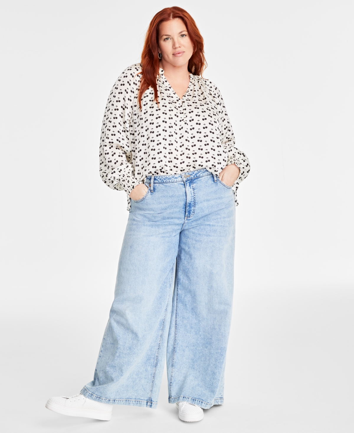 On 34th Trendy Plus Size Printed Smocked Blouse, Created For Macy's In Cannoli Crm Cmb