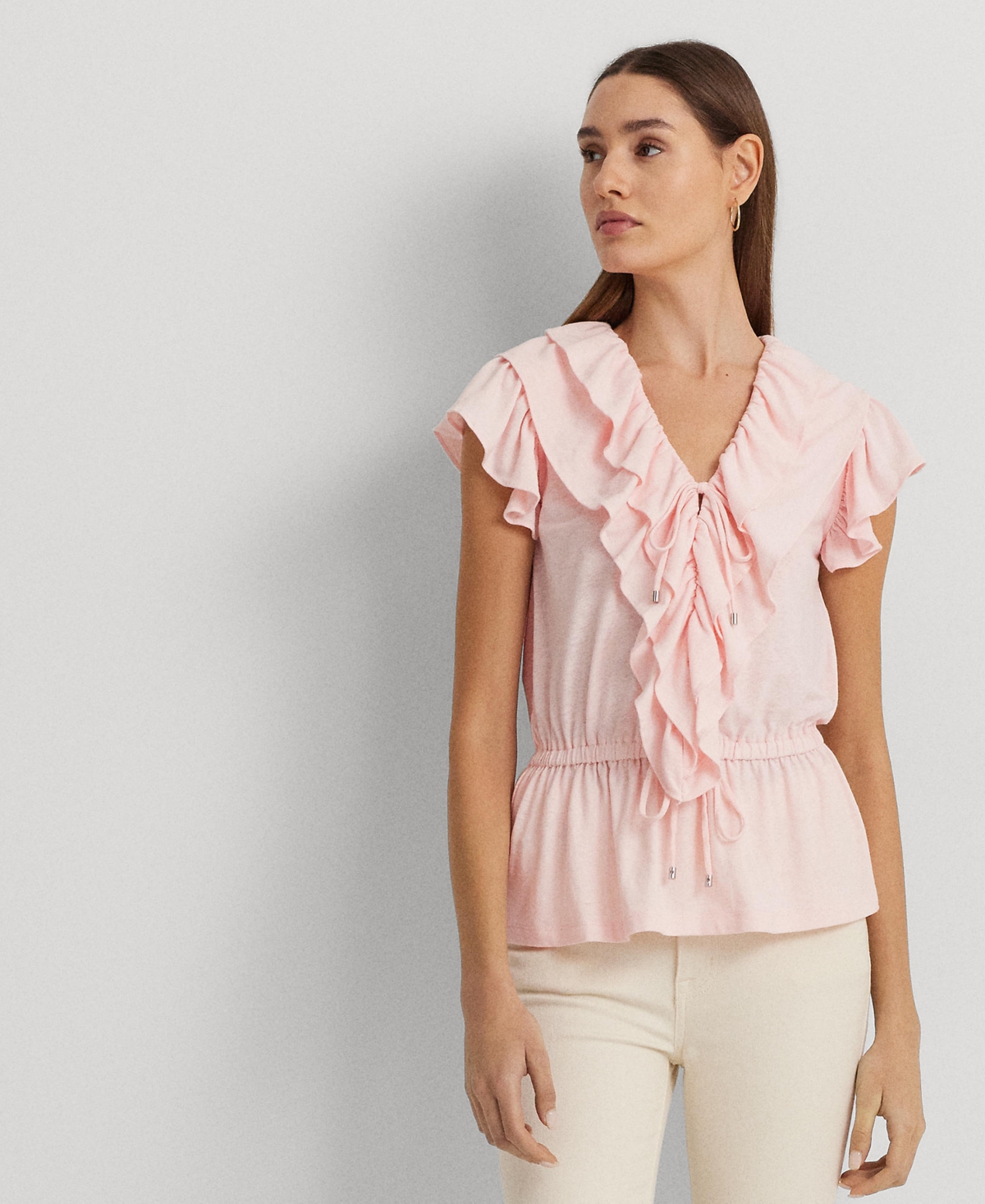 Shop Lauren Ralph Lauren Women's Ruffled Flutter-sleeve Peplum Top In Pink Opal