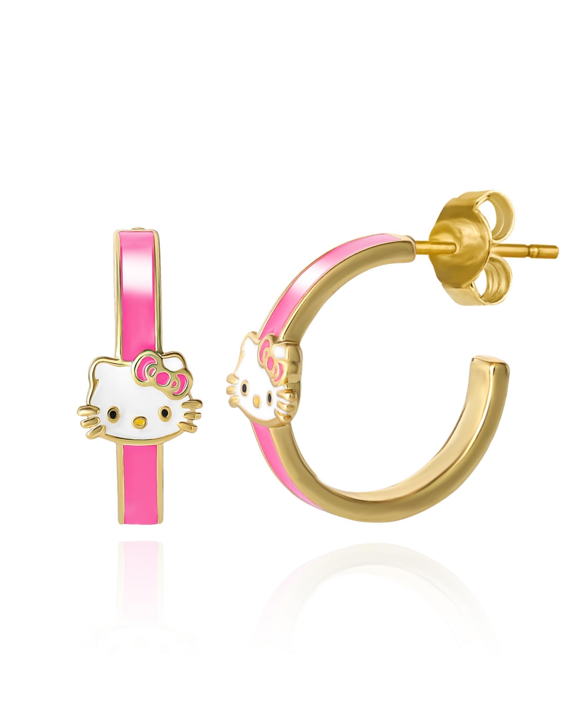 Sanrio Hello Kitty Brass Flash Yellow Gold Plated Enamel Post Hoop Earrings - Pink Enamel - Pink, gold tone