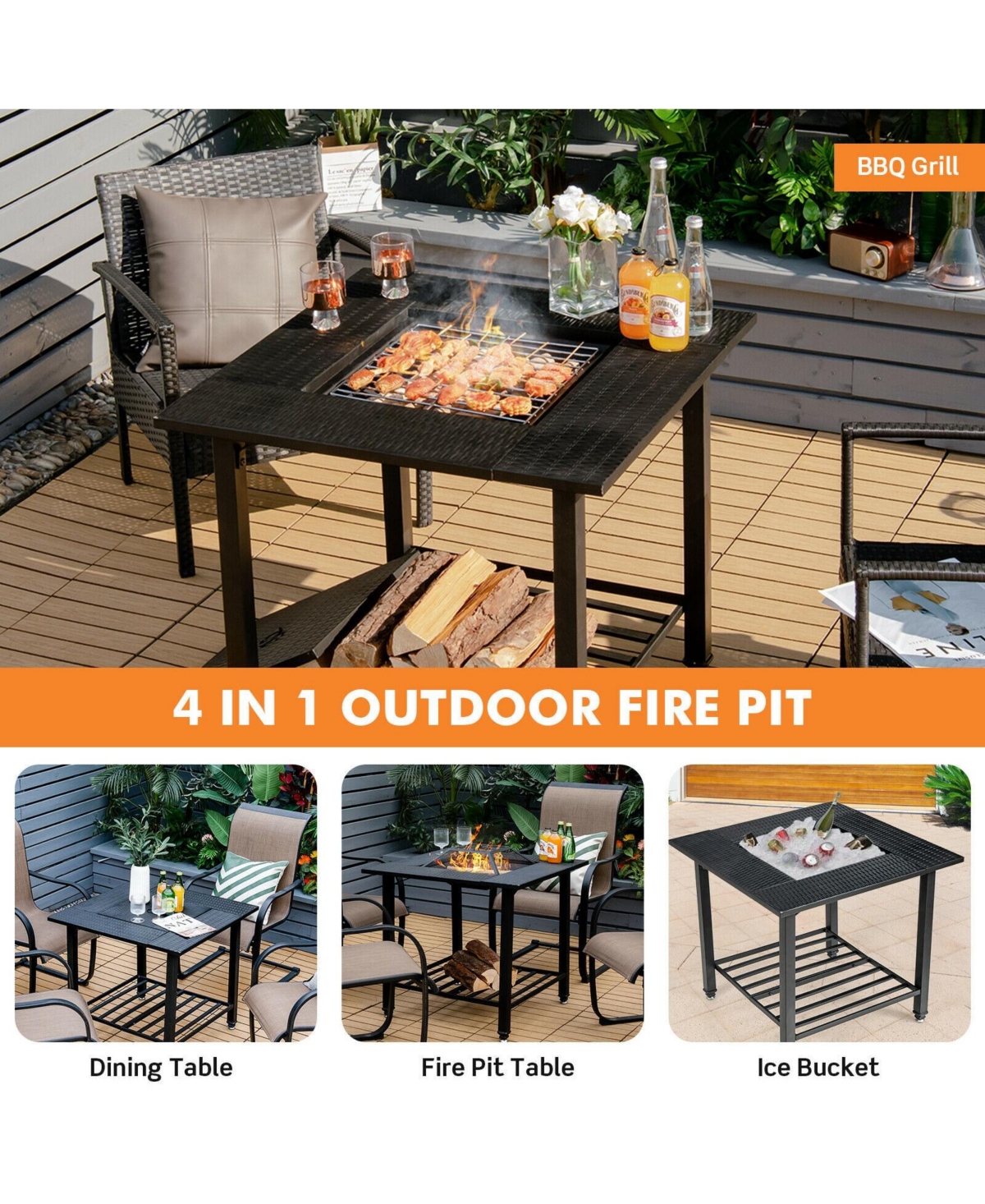 31 Inch Outdoor Fire Pit Dining Table with Cooking Bbq Grate