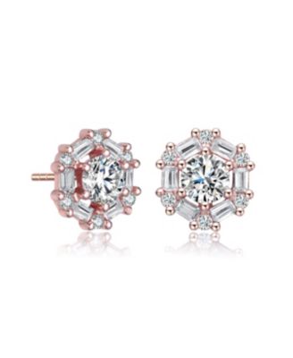 Round and Colored Baguette Cubic Zirconia Stud Earrings - Rose