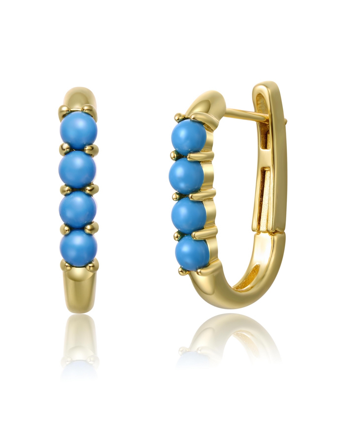 Teens Sterling Silver 14k Gold Plated with Nano Turquoise Beads Oblong U-Shaped Latch Back Hoop Earrings - Gold