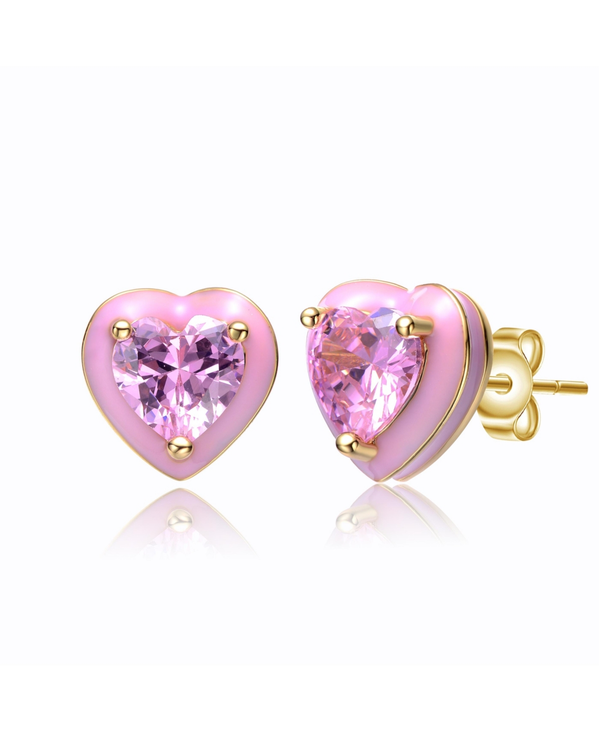 Young Adults/Teens 14k Yellow Gold Plated with Pink Morganite Cubic Zirconia Pink Enamel Halo Heart Stud Earrings - Pink
