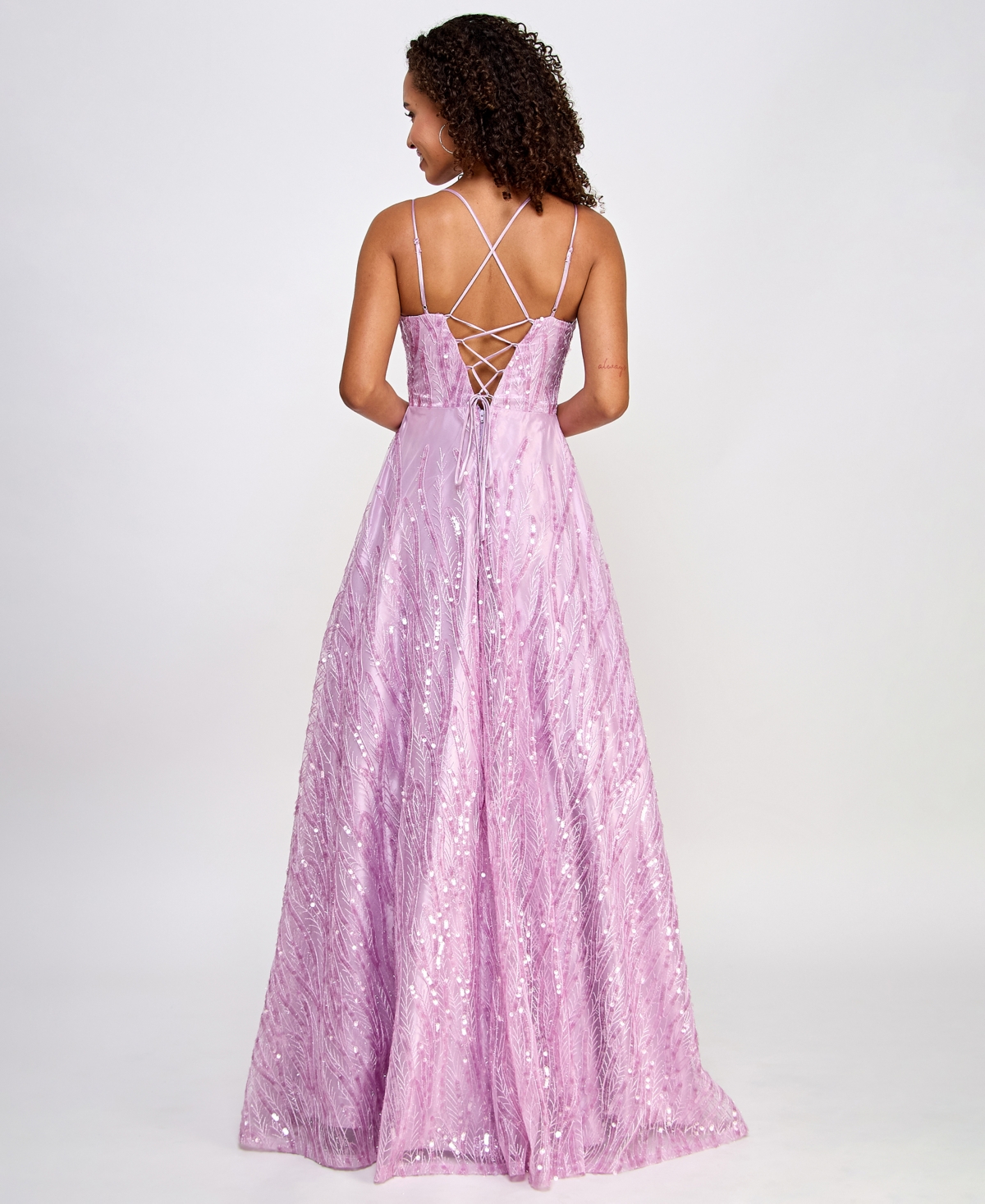 Shop City Studios Juniors' Sequin Embroidered Sleeveless Open-back Lace-up Gown, Created For Macy's In Lilac
