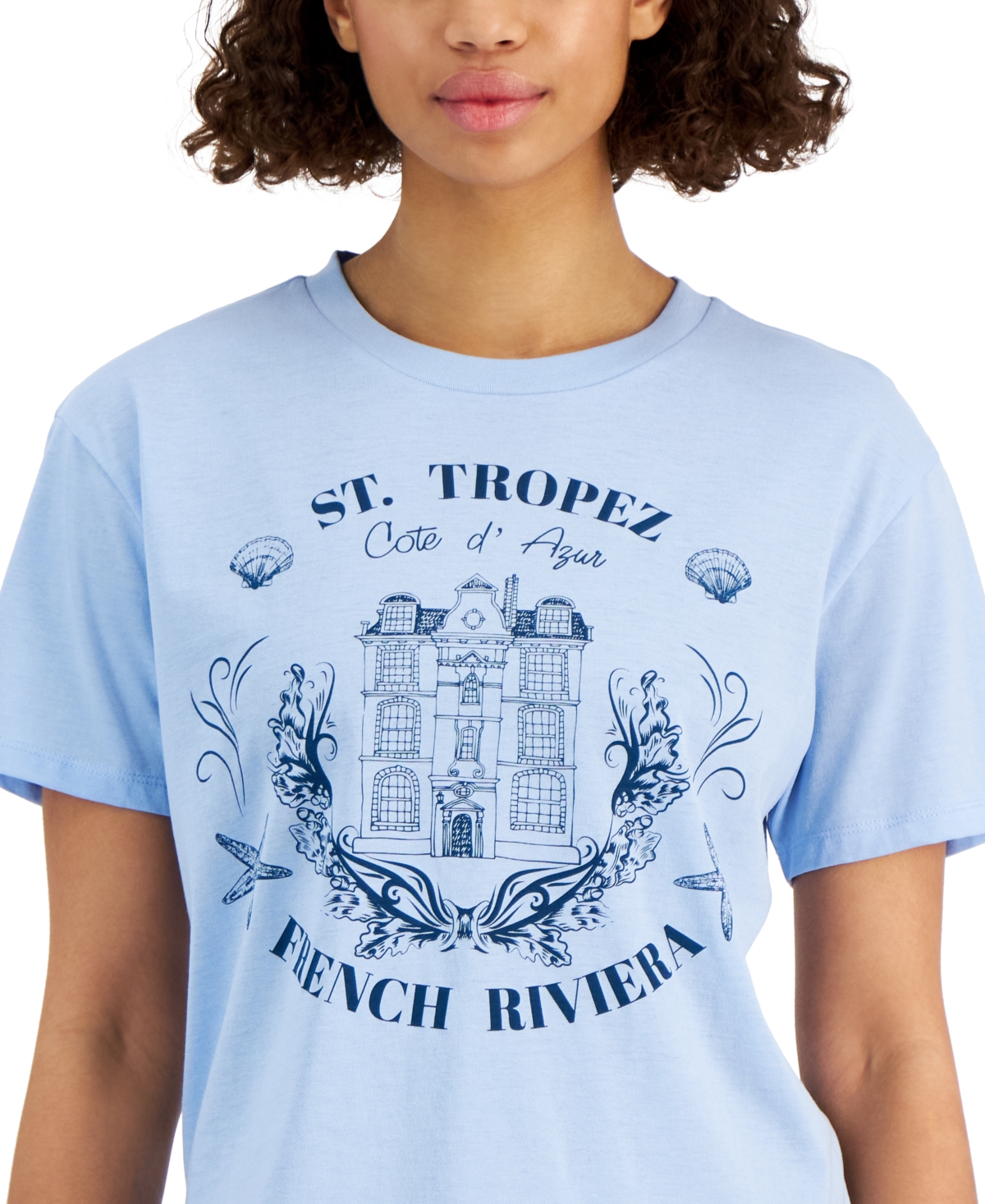 Shop Rebellious One Juniors' St Tropez Graphic Crewneck Tee In Chambray Blue