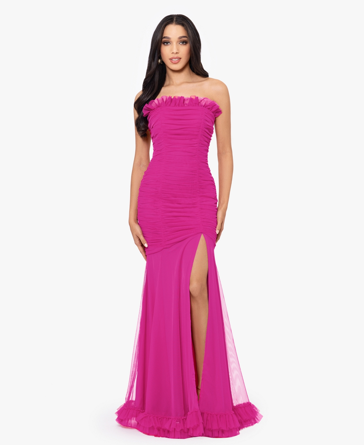 Juniors' Ruffled Ruched Strapless Mesh Gown - Hot Pink