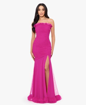 Blondie Nites Juniors' Ruffled Ruched Strapless Mesh Gown - Macy's