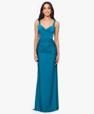 Blondie Nites Juniors Ruched Tie Back Sleeveless Gown Macy s