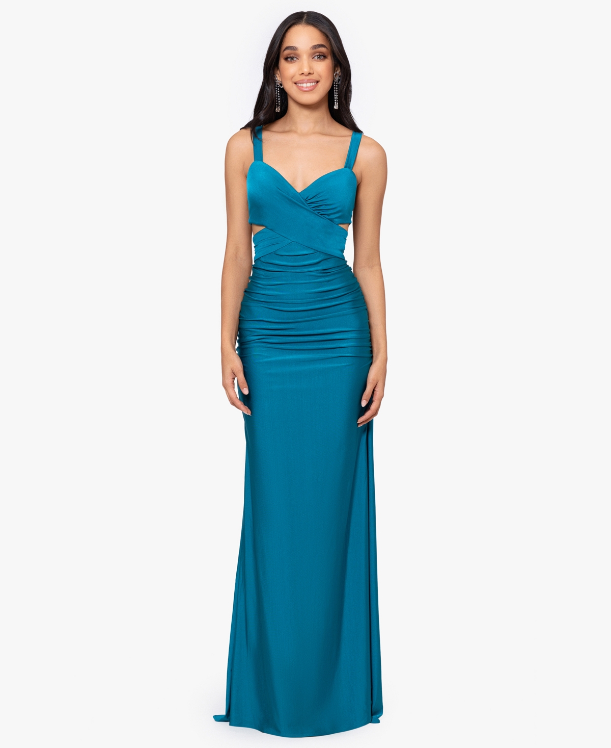 Juniors' Ruched Tie-Back Sleeveless Gown - Teal