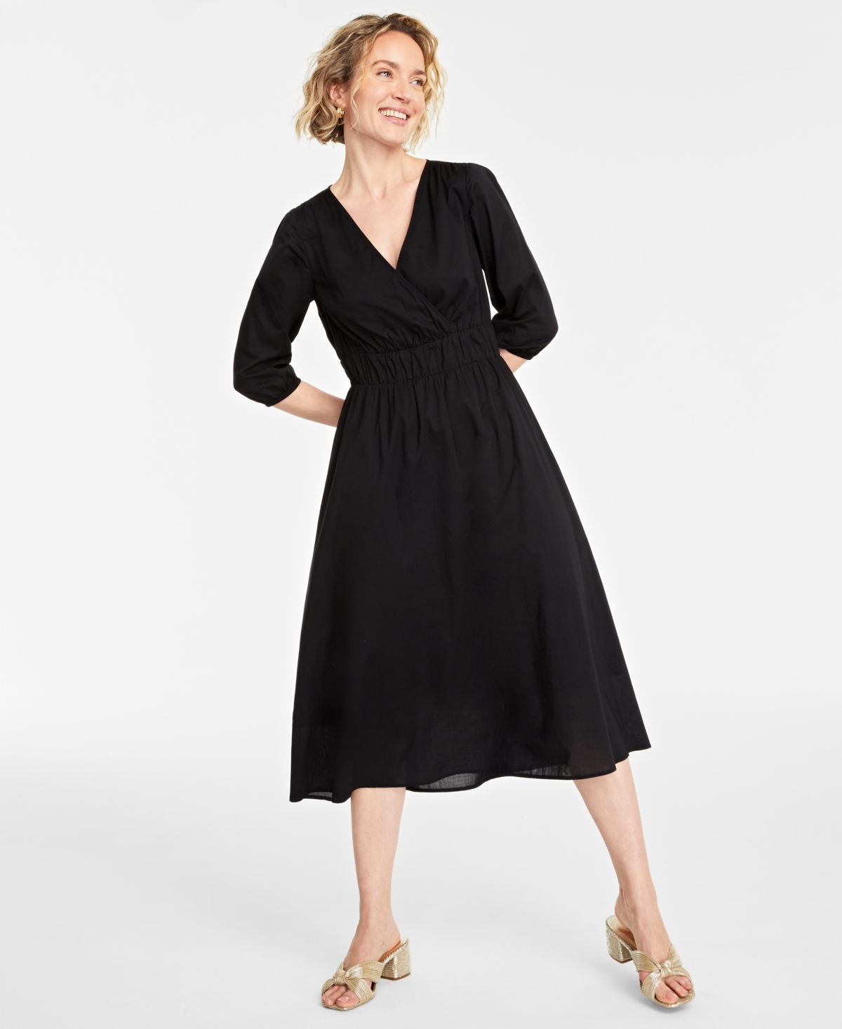 On 34th Women's Cotton Surplice-neck 3/4-sleeve Midi Dress, Created For Macy's In Deep Black
