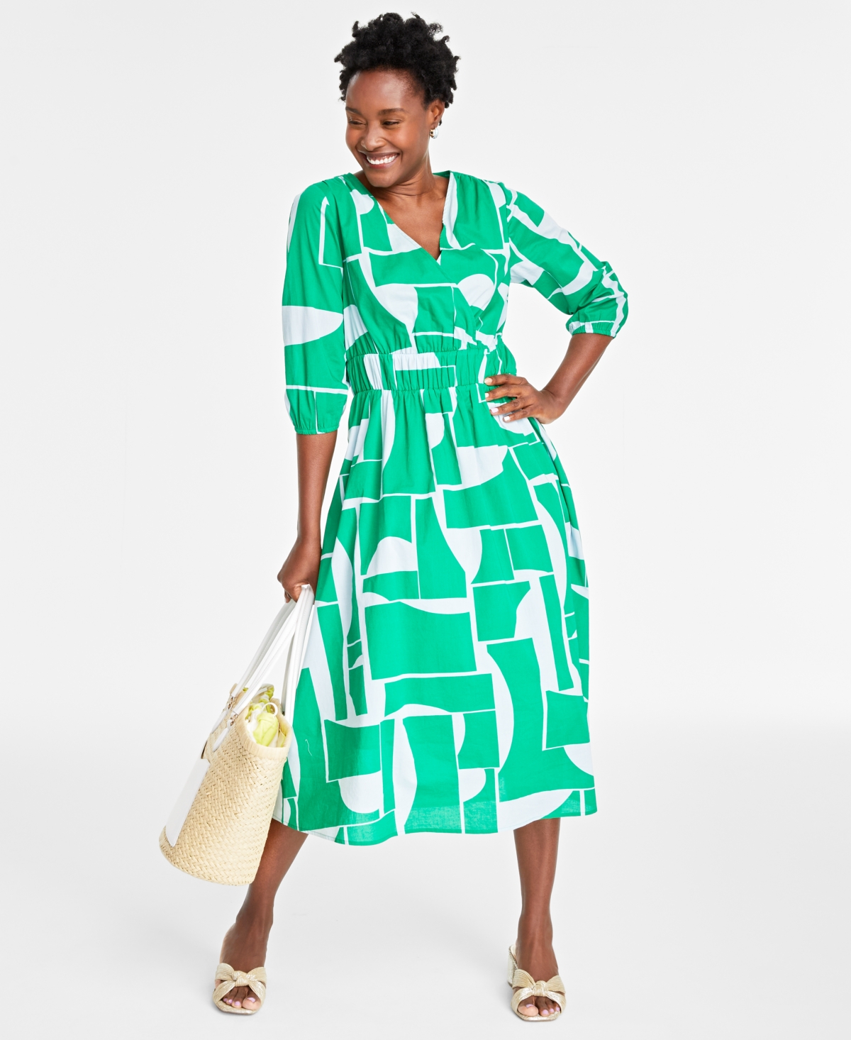 Shop On 34th Women's Cotton Surplice-neck 3/4-sleeve Midi Dress, Created For Macy's In Bright Pine