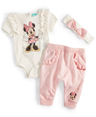 Disney - Baby Girls Minnie Mouse Bodysuit, Headband & Pants, 3 Piece Set