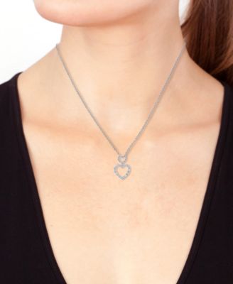 EFFY&reg; Diamond Round & Baguette Double Heart Pendant Necklace (1/4 ct. t.w.) in 14k White Gold, 17-1/2" + 1/2" extender