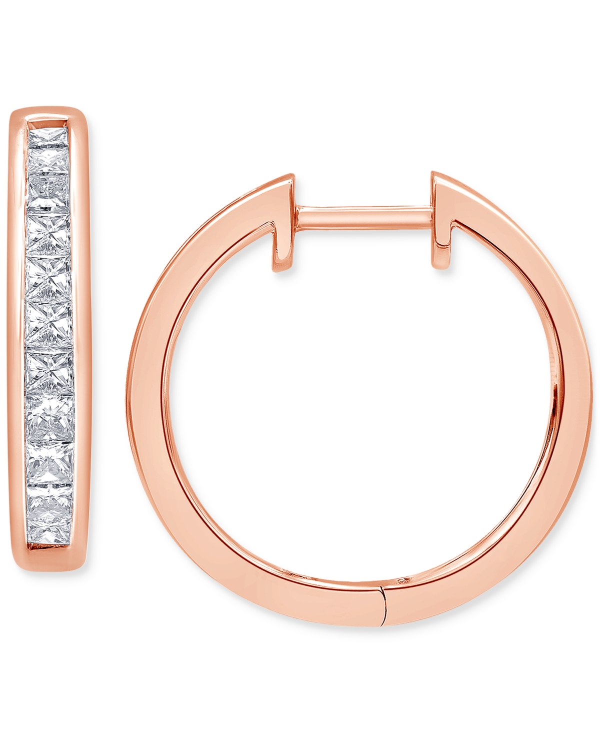 Shop Macy's Diamond Princess Small Hoop Earrings (1 Ct. T.w.) In 14k Rose Gold