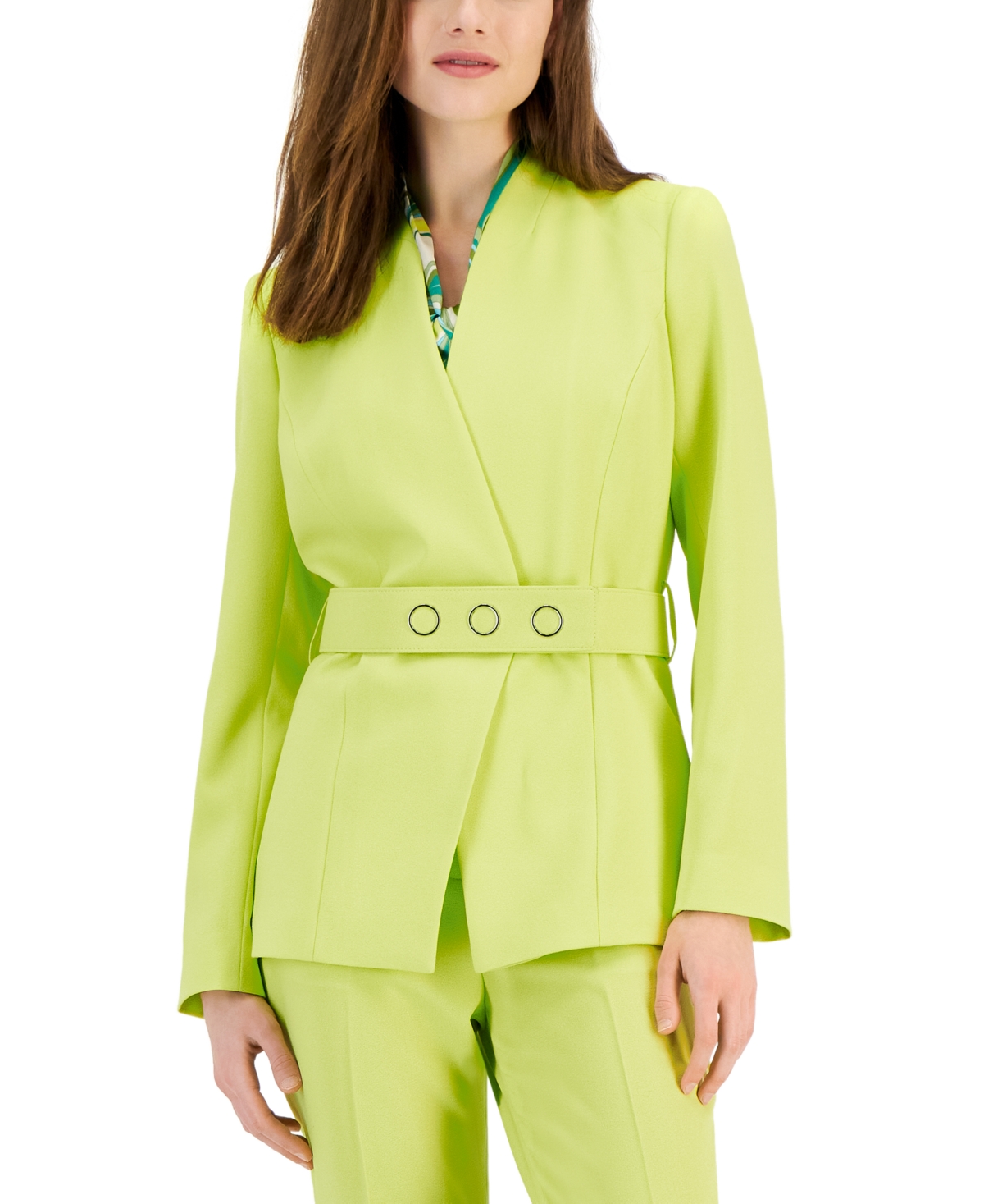 Shop Tahari Asl Women's Belted Wrap Collarless Blazer In Lime