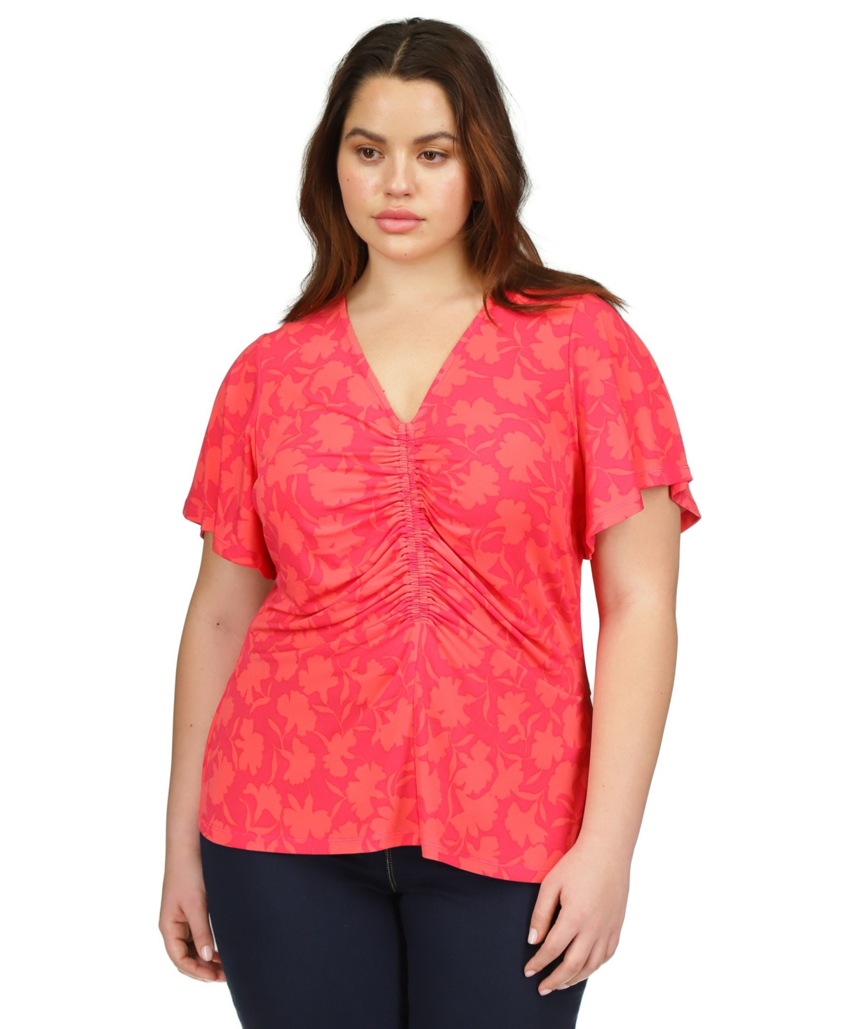 Michael Kors Michael  Plus Size Ruched Flutter-sleeve Top In Deep Pink