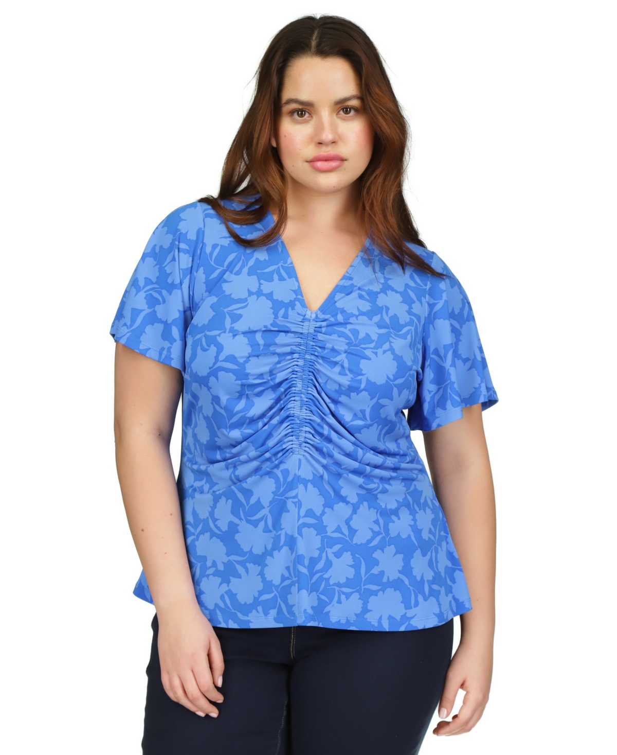 Michael Kors Michael  Plus Size Ruched Flutter-sleeve Top In Grecian Blue