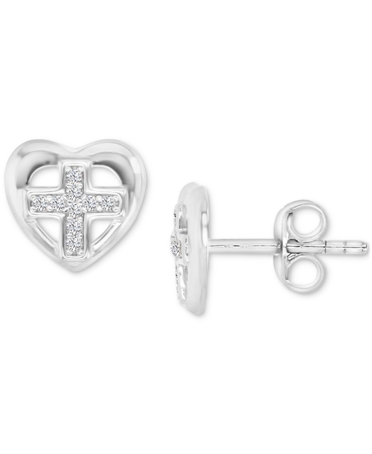 Shop Macy's Cubic Zirconia Cross-in-heart Openwork Stud Earrings In Silver