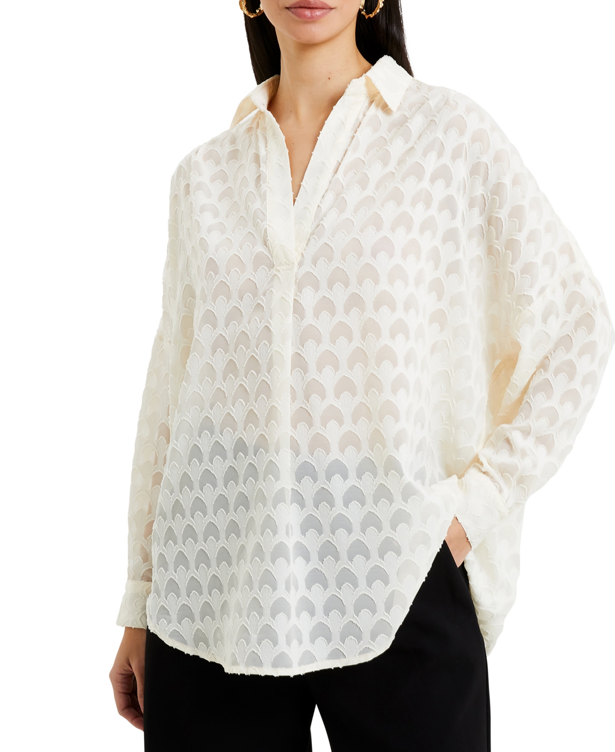 Shop French Connection Women's Geo Burnout Long Sleeve Top In Classic Cream