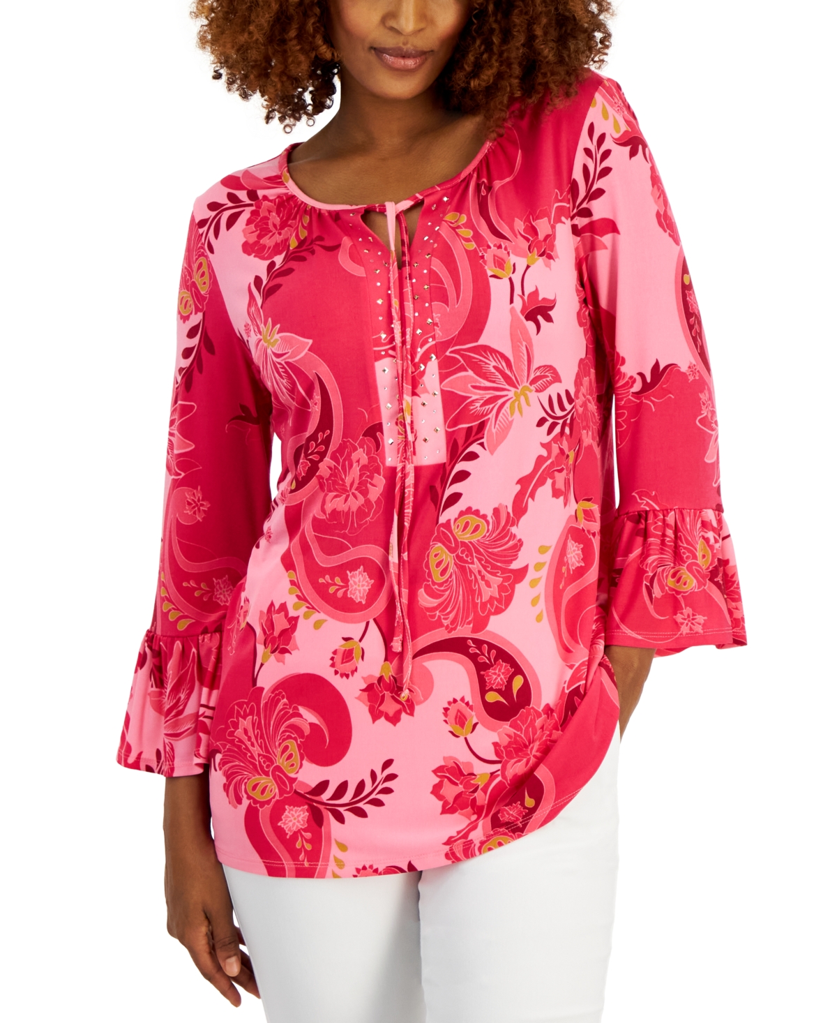 Women's Printed Embellished Tunic with Ruffle Sleeves, Created for Macy's - Claret Rose Combo