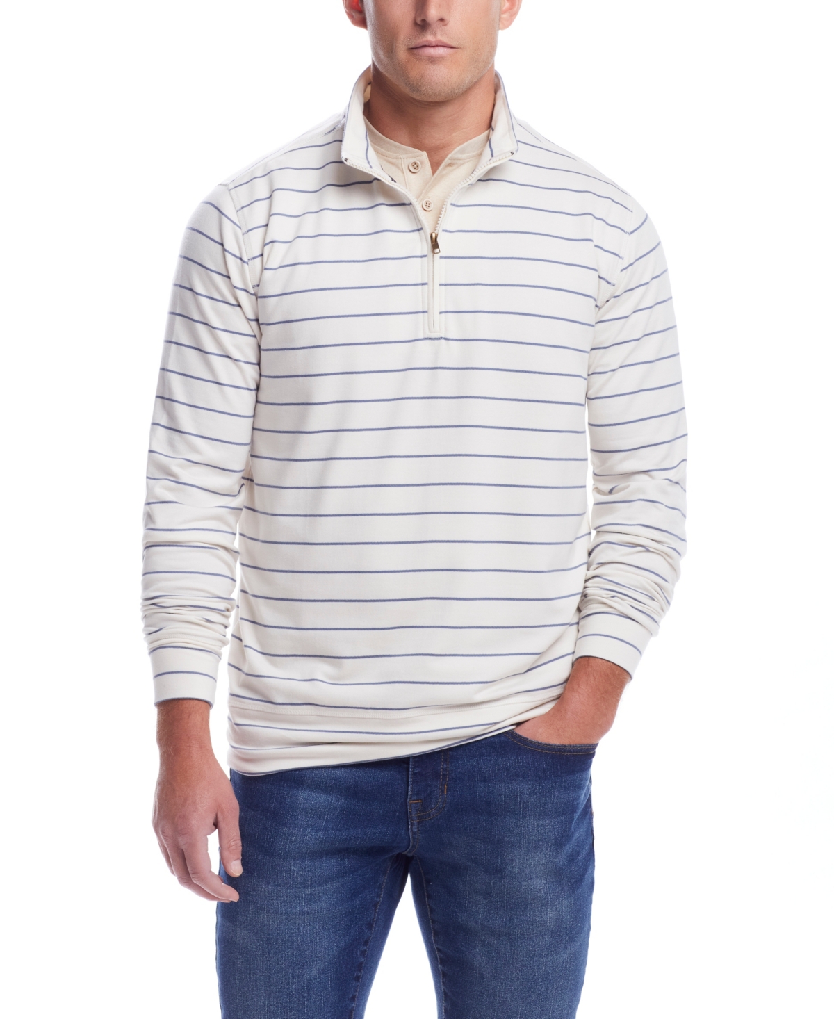 Men's Striped Long Sleeve Quarter Zip Pullover T-shirt - Antique White