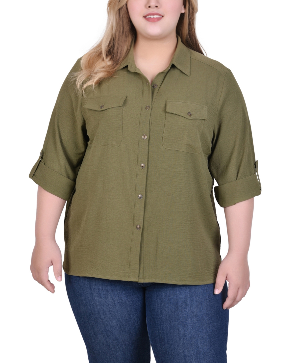 Ny Collection Plus Size Long Sleeve Roll Tab Blouse In Burnt Olive