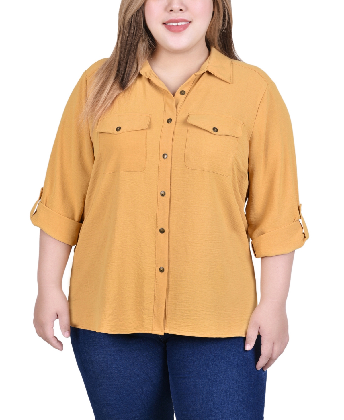Ny Collection Plus Size Long Sleeve Roll Tab Blouse In Narcissus