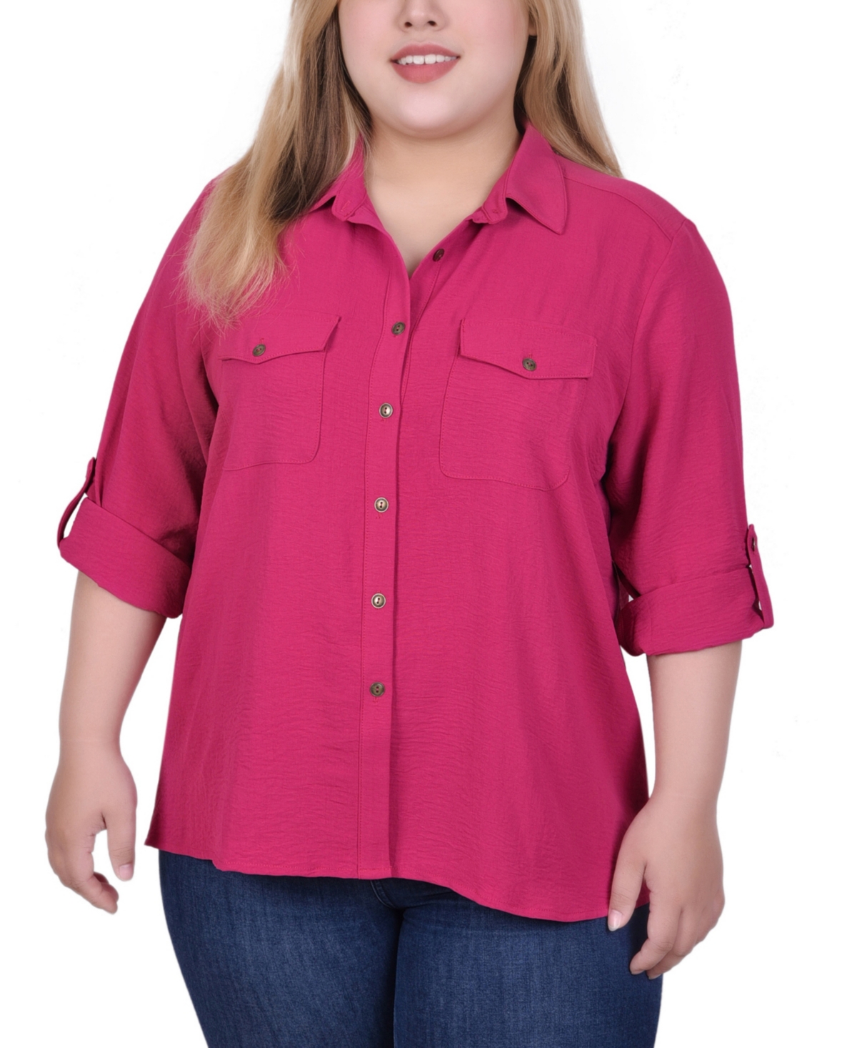 Ny Collection Plus Size Long Sleeve Roll Tab Blouse In Sangria