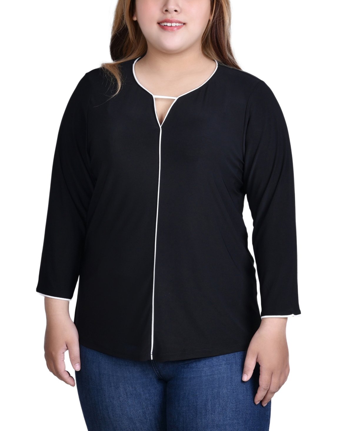 Ny Collection Plus Size 3/4 Sleeve Piped Top In Black White