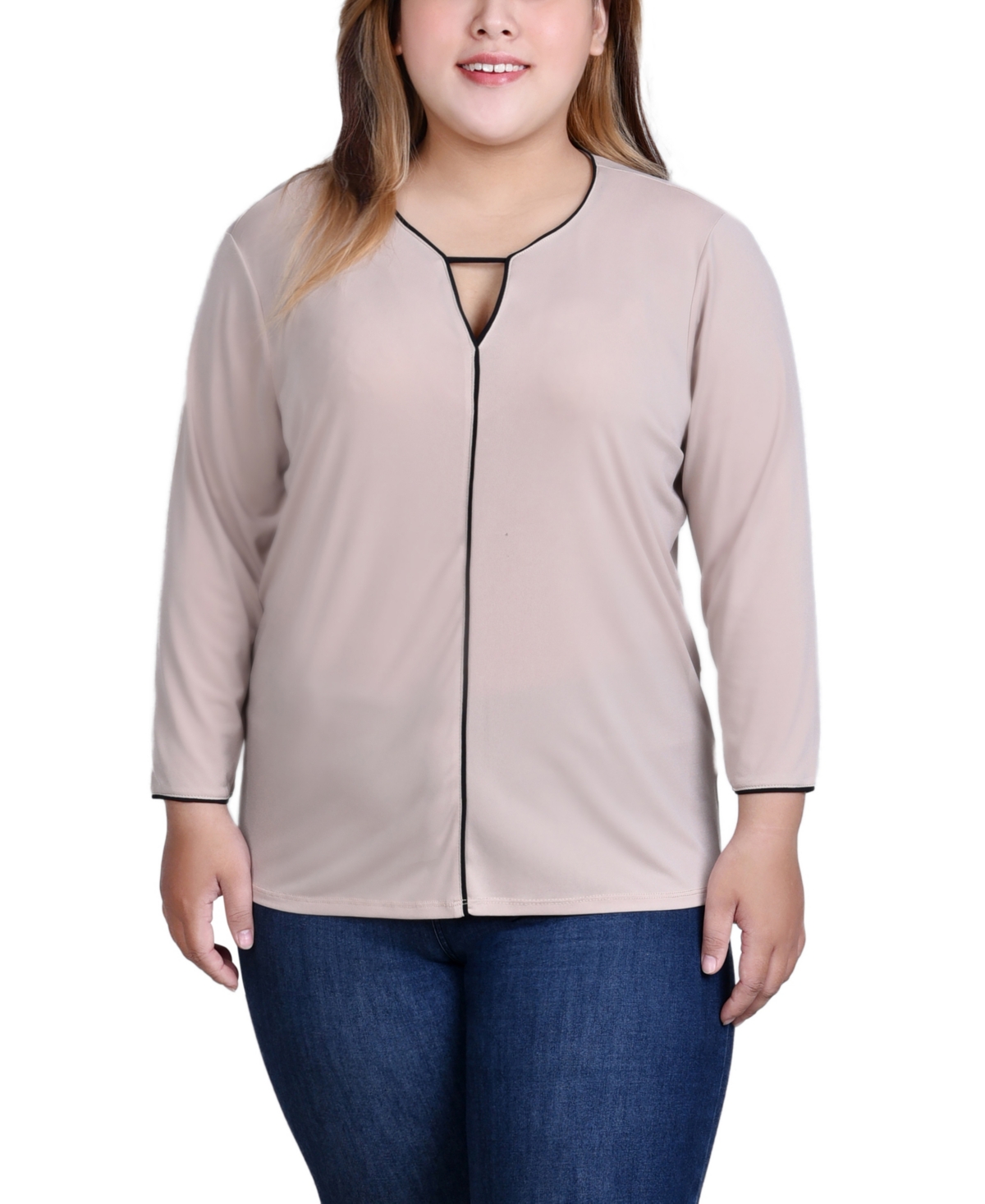 Ny Collection Plus Size 3/4 Sleeve Piped Top In Nomad Black