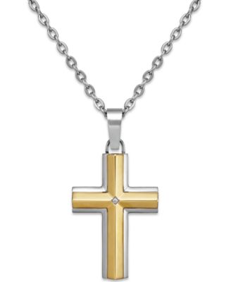 Macy's Diamond Accent Cross Pendant Necklace in Stainless Steel and 10K ...