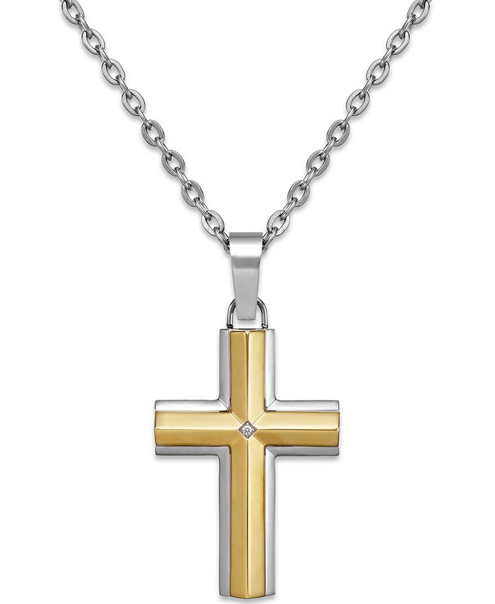 Macy's - Diamond Accent Cross Pendant Necklace in Stainless Steel and 10K Gold