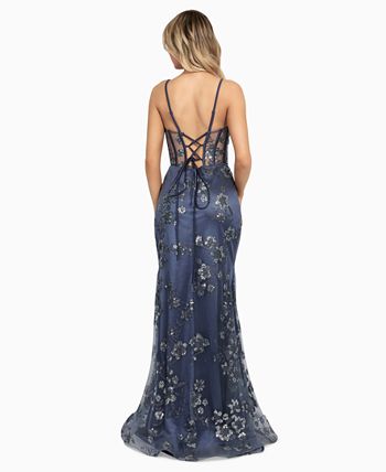 Dear Moon Juniors' Sequined Illusion Lace-Up-Back Corset Gown - Macy's