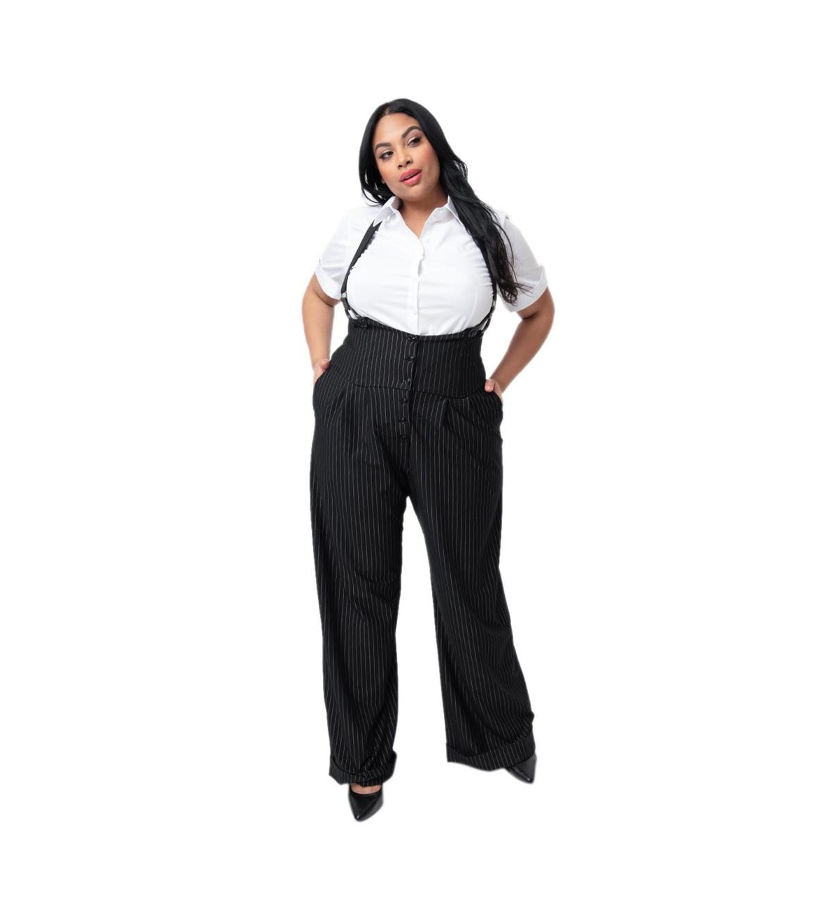Plus Size Thelma High Waist Suspender Pants - Black  white pin stripe