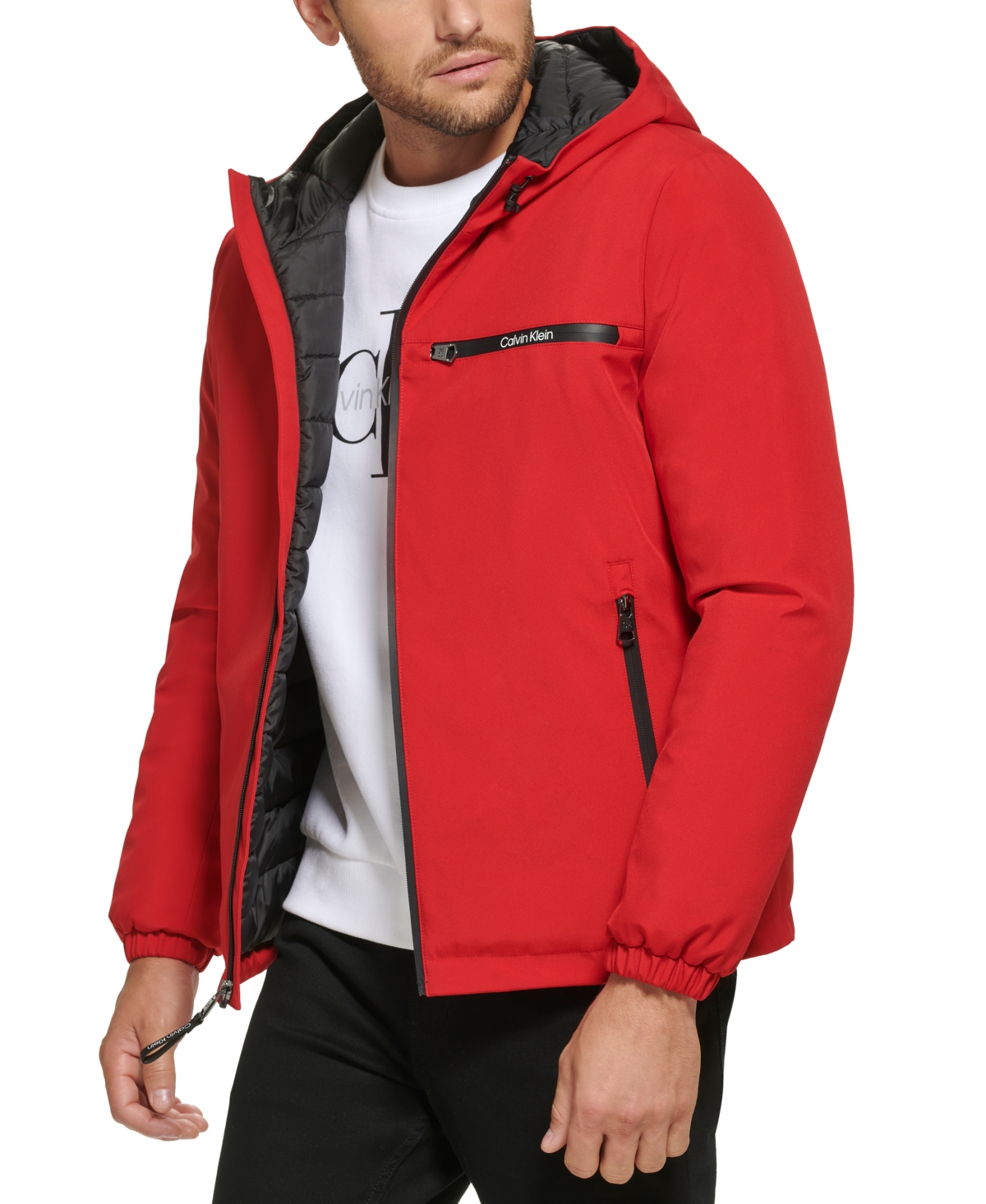 Shop Calvin Klein Men's Infinite Stretch Water-resistant Hooded Jacket In True Red