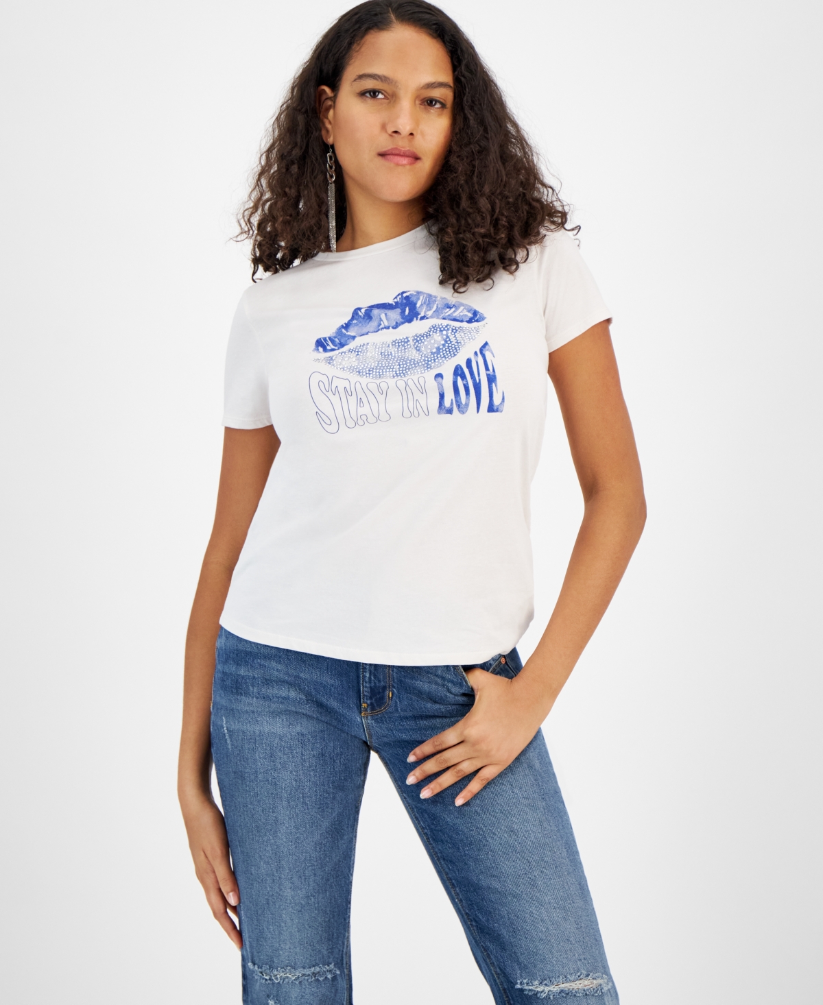 Women's Lips Graphic Embellished T-Shirt - Muted Stone