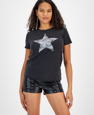 GUESS - Women's Star Face Cotton Rhinestone-Graphic T-Shirt