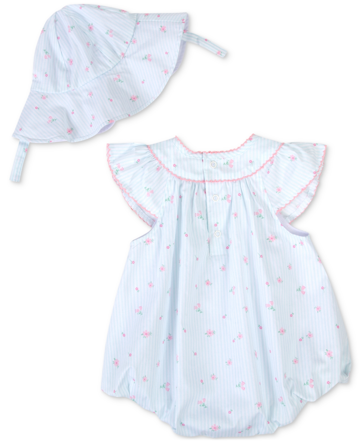 Shop Baby Essentials Baby Girls Woven Cotton Floral-print Romper And Hat, 2 Piece Set In Navy