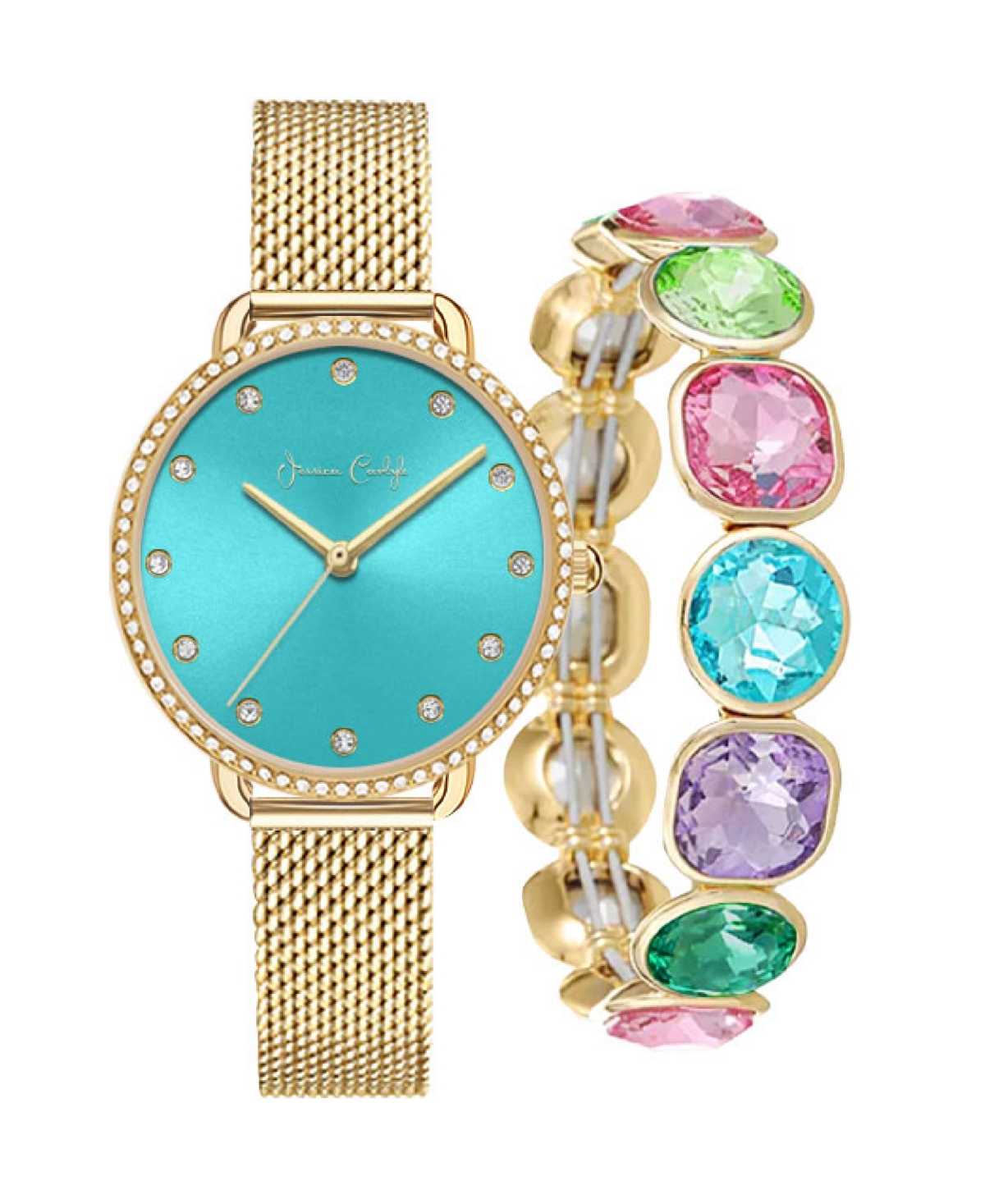 Women's Quartz Gold-Tone Alloy Watch 34mm Gift Set - Shiny Gold, Turquoise Sunray