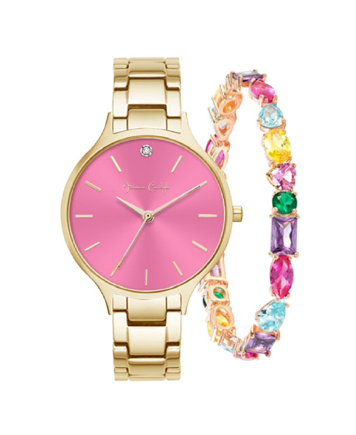 Jessica Carlyle Women's Quartz Gold-tone Alloy Bracelet Watch 36mm Gift Set In Shiny Gold,pink Sunray