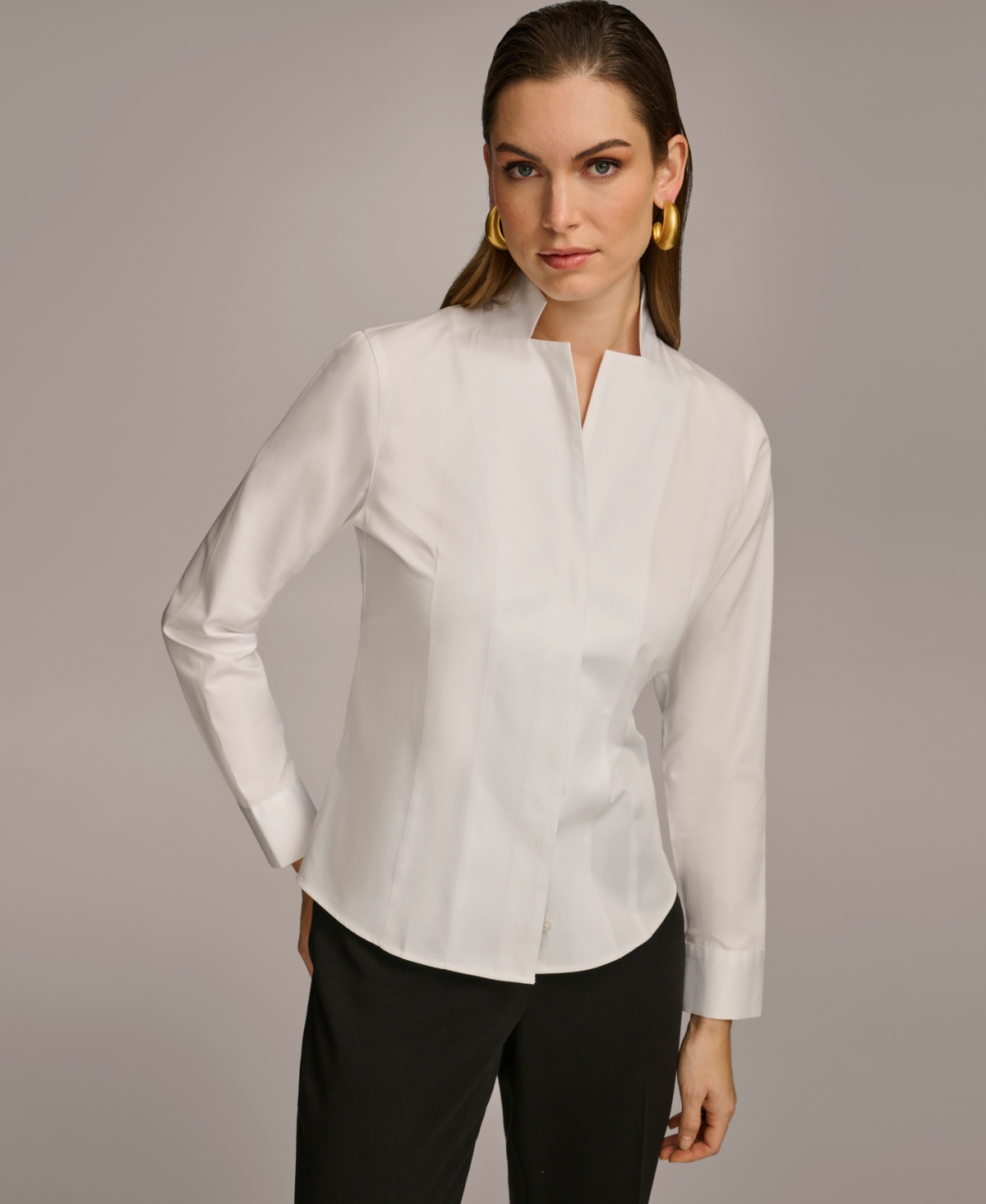 Women's Stand Collar Button Front Cotton Shirt - White