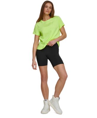 DKNY SPORT WOMENS COTTON EMBELLISHED LOGO T SHIRT BALANCE SUPER HIGH RISE PULL ON BICYCLE SHORTS