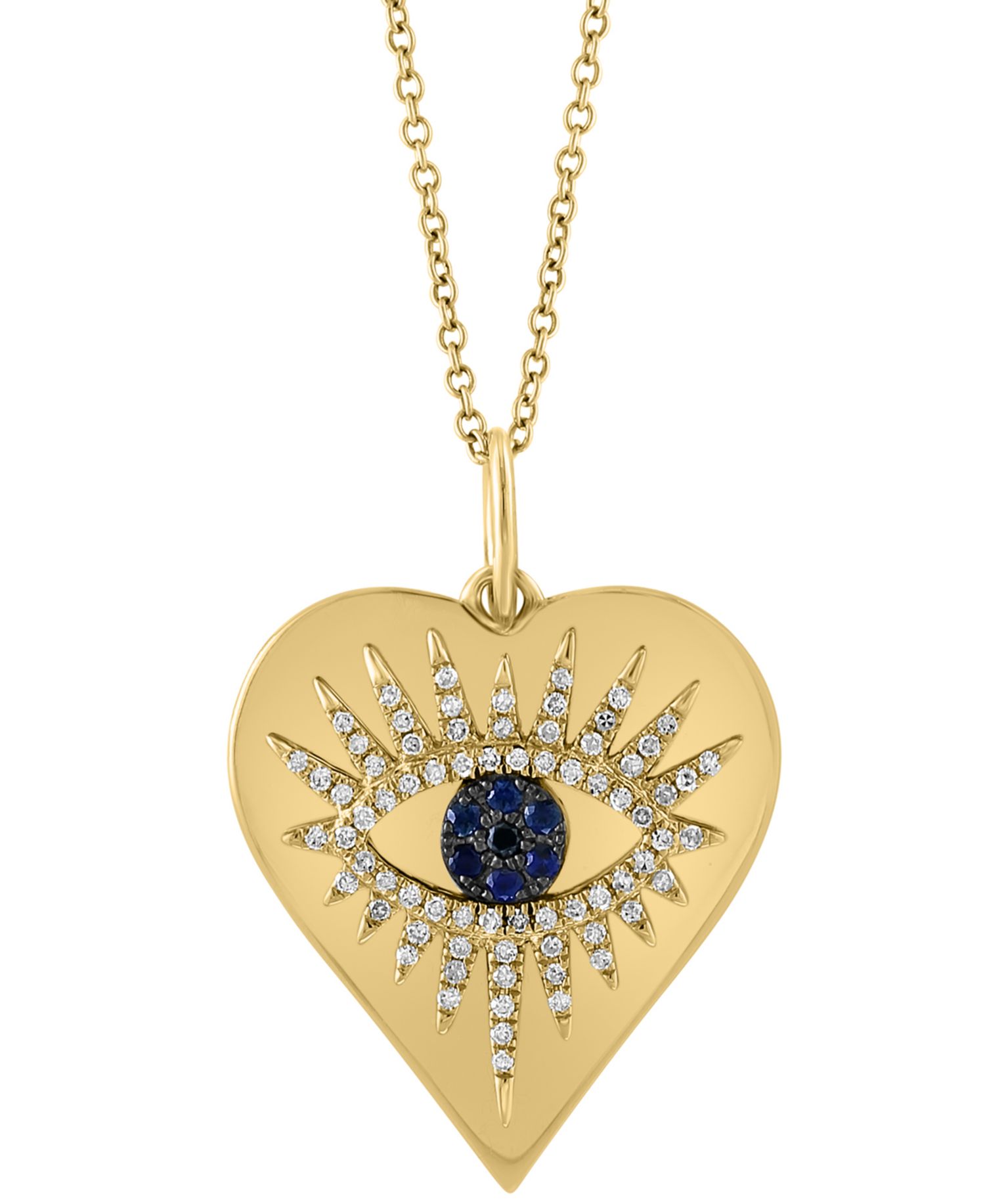 EFFY® Sapphire (1/20 ct. t.w.) & Diamond (1/4 ct. t.w.) Evil Eye Heart 18" Pendant Necklace in 14k Gold