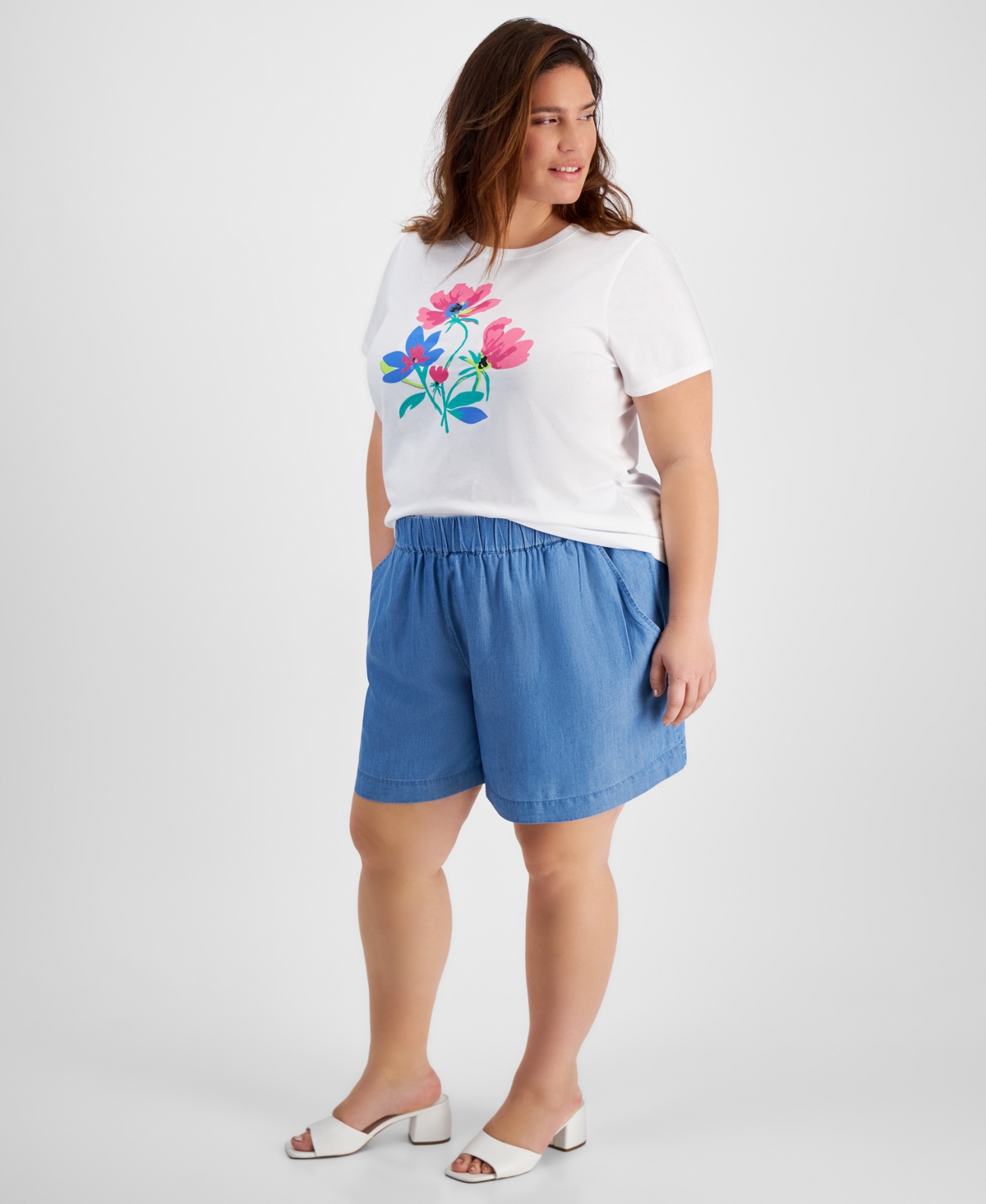 On 34th Trendy Plus Size Chambray Easy Pull-on Shorts, Created For Macy's In Spring Wash